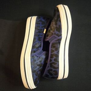 Kate Spade Keds Leopard Print Slip-On Sneakers Women's 9 Navy Blue Canvas
